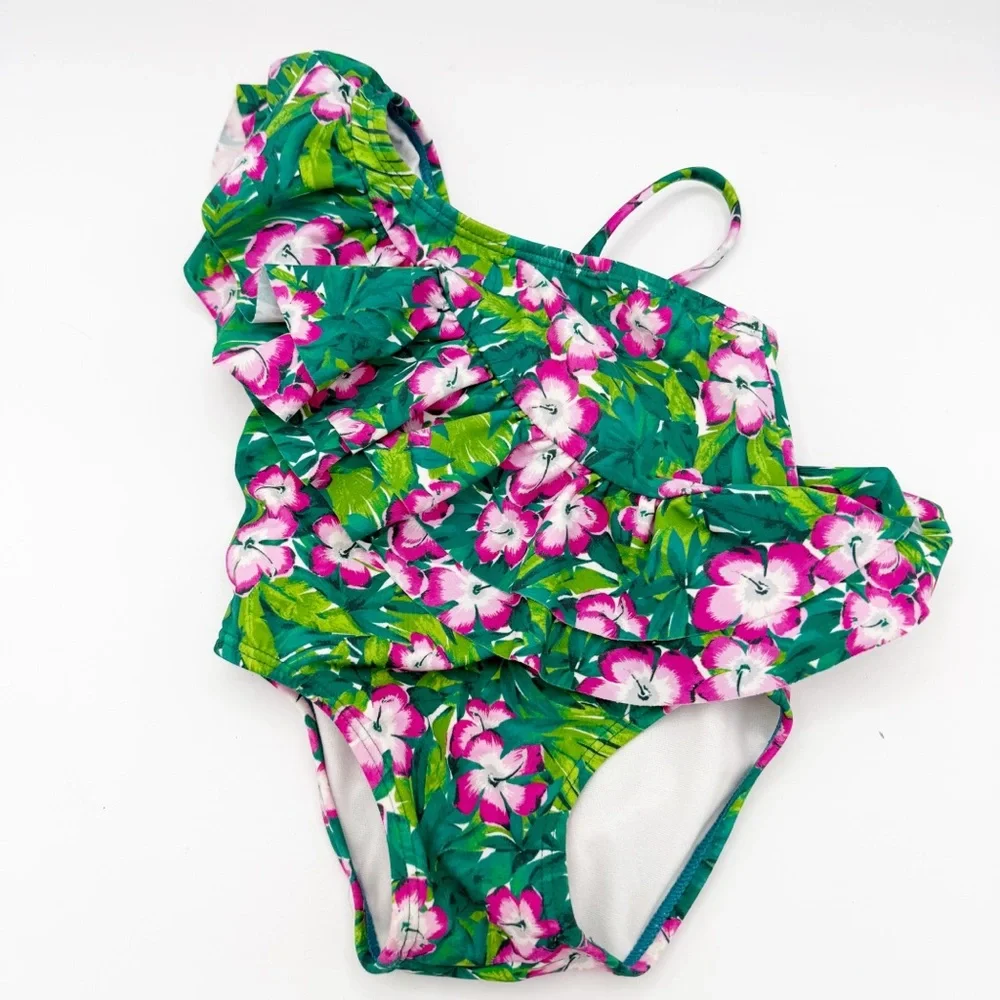 Janie and Jack Baby Girl's Tropical Floral Ruffle‎ Swimsuit Green 12-18 Months